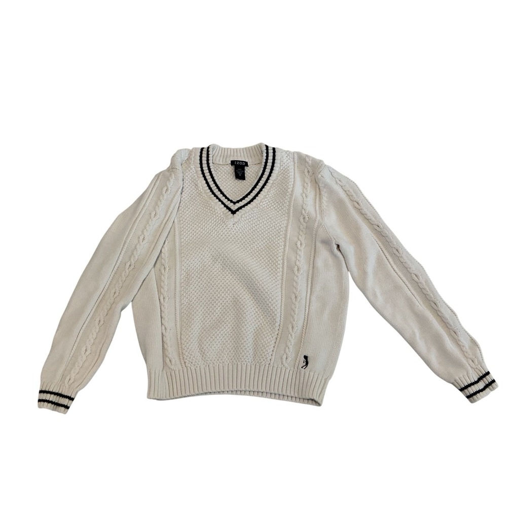 IZOD Ladies White V-Neck Cable Knit‎ Black Stripe M